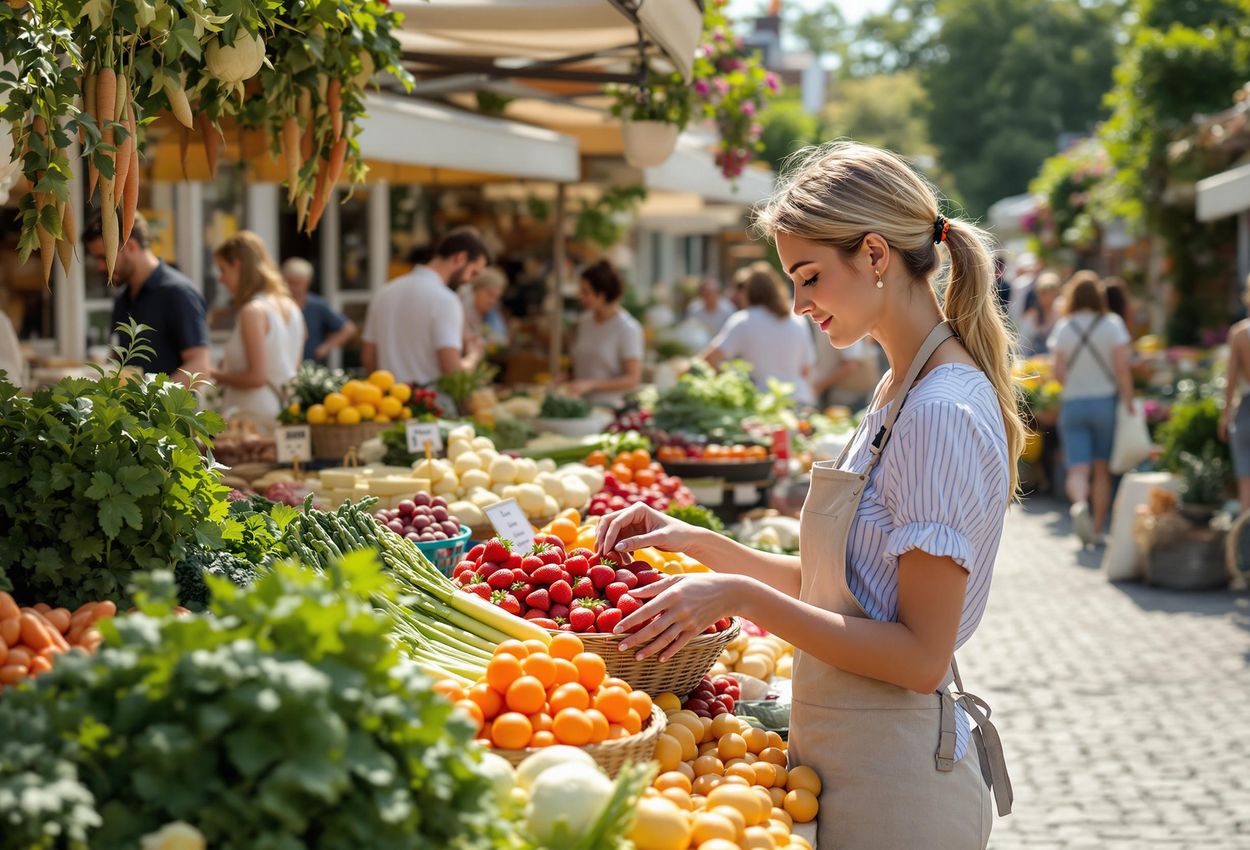 An eye-level photograph capturing the bustling atmosphere of a local market in the Danish Archipelago, filled with vendors, shoppers, and fresh, seasonal produce.