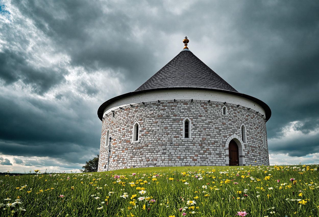 A captivating photograph of Østerlars Church in Bornholm, Denmark, showcasing its unique circular architecture and rich history.