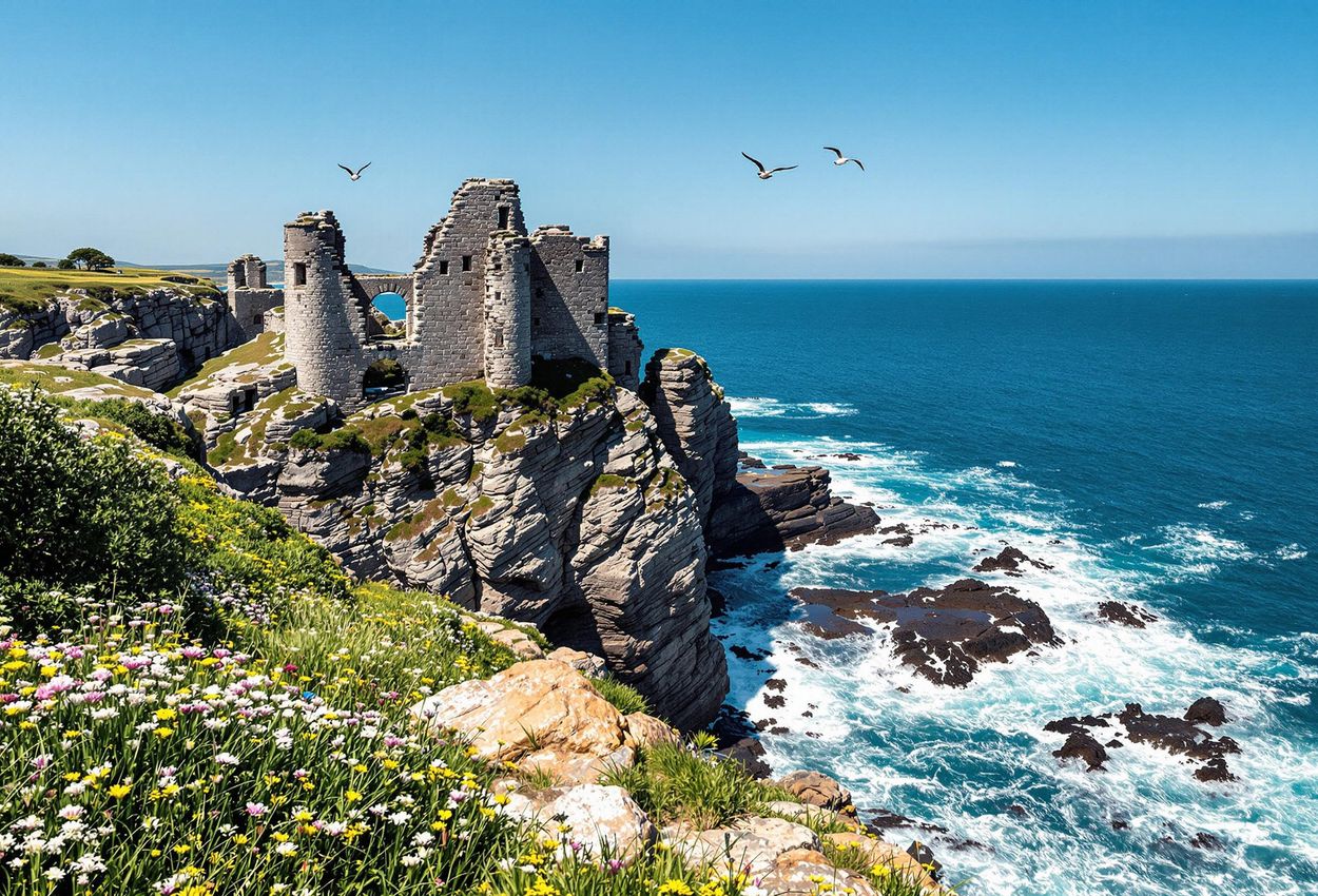 A stunning landscape photograph of Hammershus Castle ruins on Bornholm, Denmark, showcasing the dramatic coastline and the Baltic Sea.