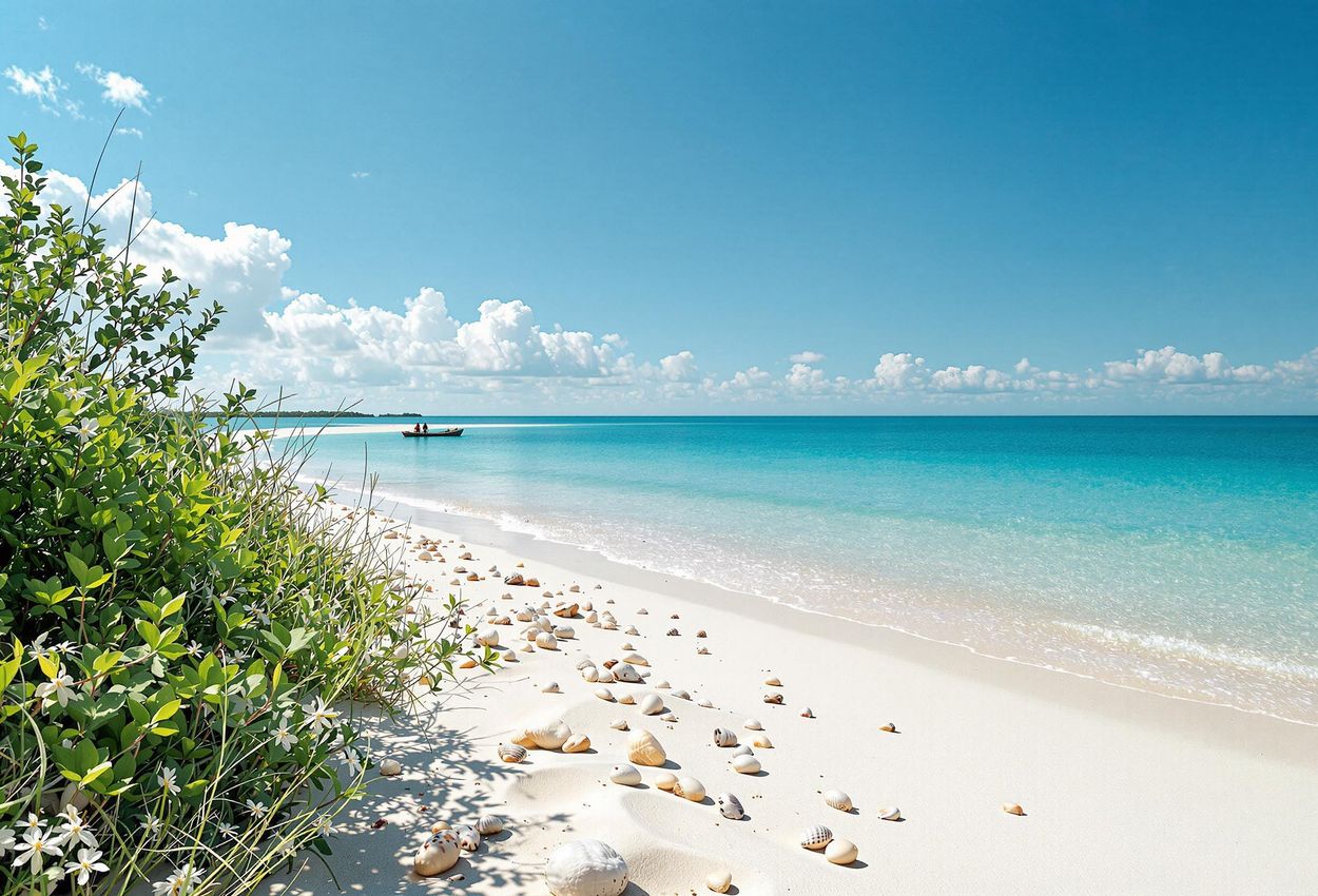 A serene photograph of a hidden beach on Ærø, Denmark, featuring calm waters, a sandy shore, and lush vegetation under a clear blue sky.