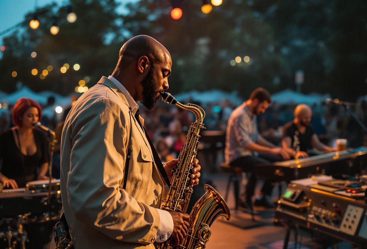 A vibrant photograph capturing the energy and excitement of the Aarhus Jazz Festival. Musicians perform on stage while an enthusiastic audience enjoys the music on a summer night in Aarhus.