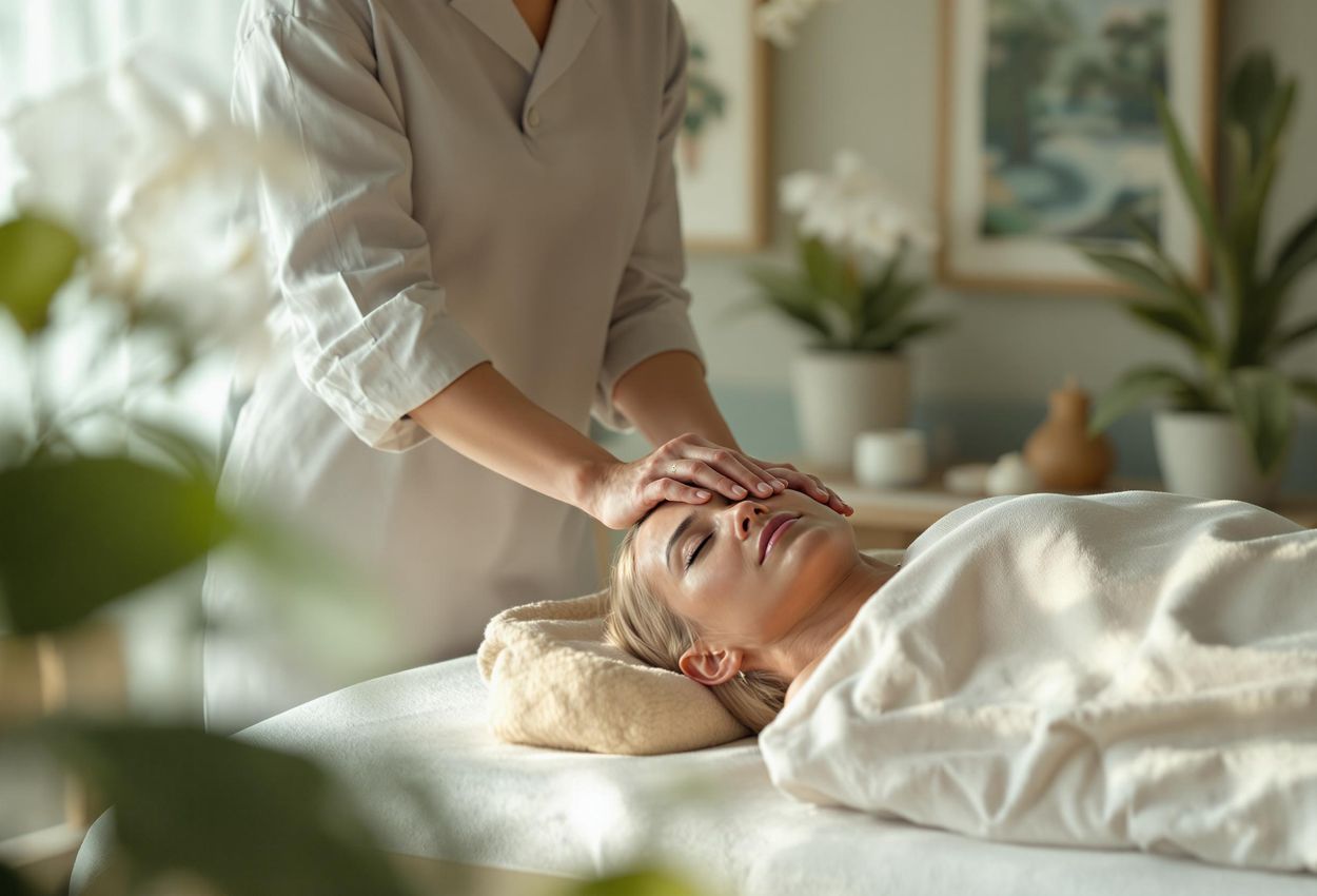 A guest receives neuro-lymphatic therapy at Kamalaya in Koh Samui, Thailand. The photo captures the serene atmosphere and therapeutic interaction in a softly lit treatment room.