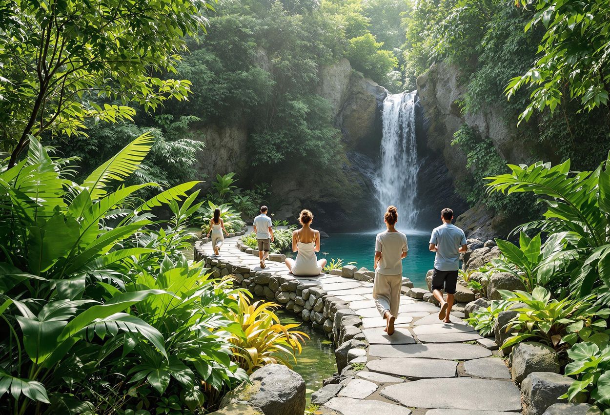 Kamalaya Wellness Sanctuary: Tranquil Retreat in Koh Samui A medium shot of Kamalaya Wellness Sanctuary in Koh Samui, Thailand, showcasing lush vegetation, natural rock formations, a cascading waterfall, and guests practicing walking meditation. The image captures the peaceful and inviting atmosphere of this luxury wellness retreat.