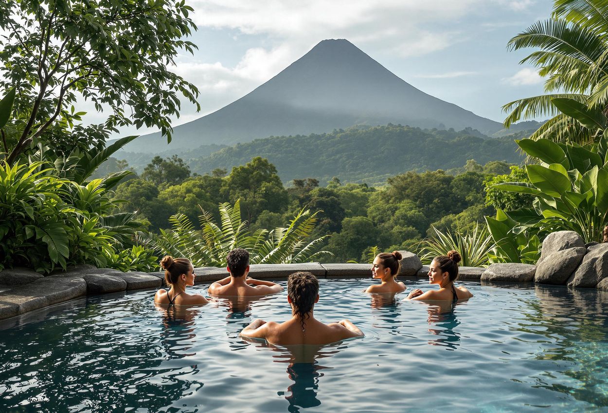 A medium shot captures the stunning view of The Springs Resort & Spa at Arenal, Costa Rica, featuring natural hot springs and the majestic Arenal Volcano. People relax in the warm waters surrounded by lush tropical vegetation.