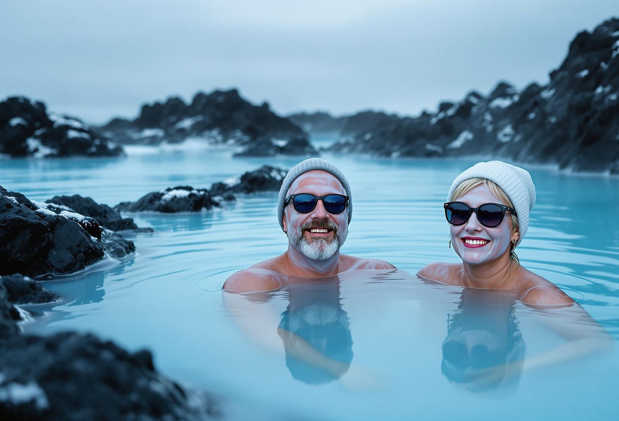A photograph of the Blue Lagoon in Iceland during winter. People relax in the milky blue waters, their faces covered in silica mud masks, surrounded by black lava fields.