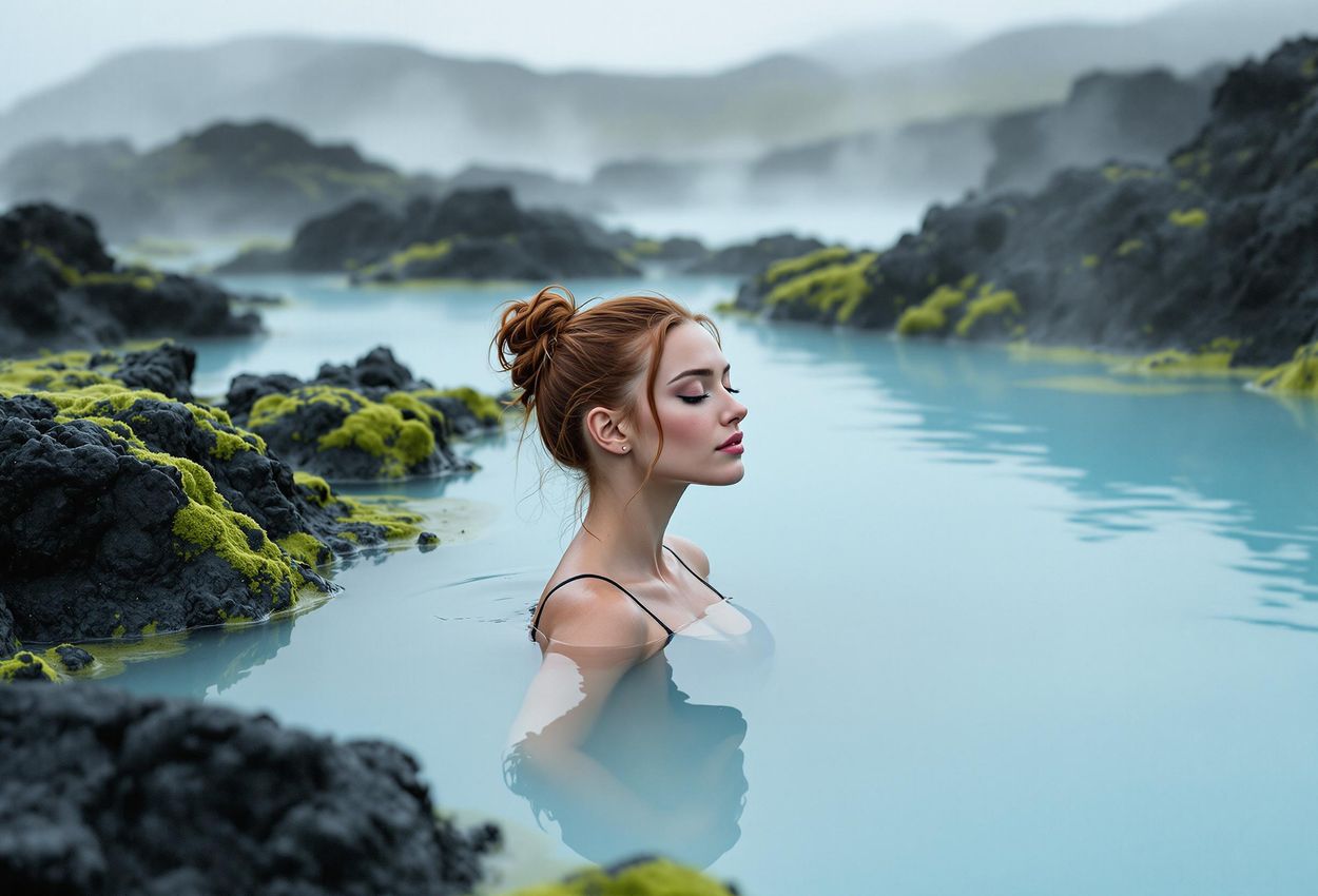 A photograph of a woman peacefully relaxing in the Blue Lagoon, Iceland. The geothermal waters and volcanic landscape create a tranquil and luxurious spa experience.