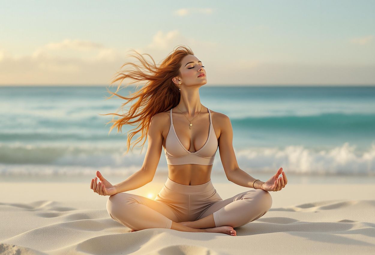 A photograph capturing a peaceful yoga session on a tranquil beach as the sun rises, promoting mental and physical well-being.