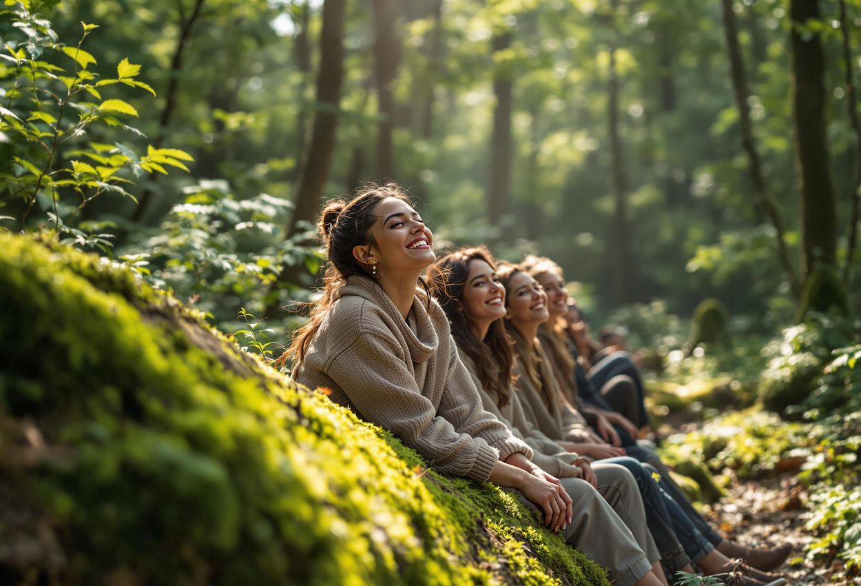 Forest Bathing Group in Serene Woodland Setting A photograph of a group of people enjoying a forest bathing session in a sun-dappled forest. The image captures the joy and connectedness of the participants, highlighting the benefits of community wellness.