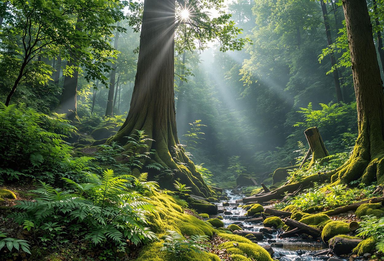 Lush Forest Landscape: A Conservation Story A wide-angle photograph captures a vibrant forest, emphasizing the importance of conservation. Sunlight filters through the canopy, illuminating the lush forest floor.