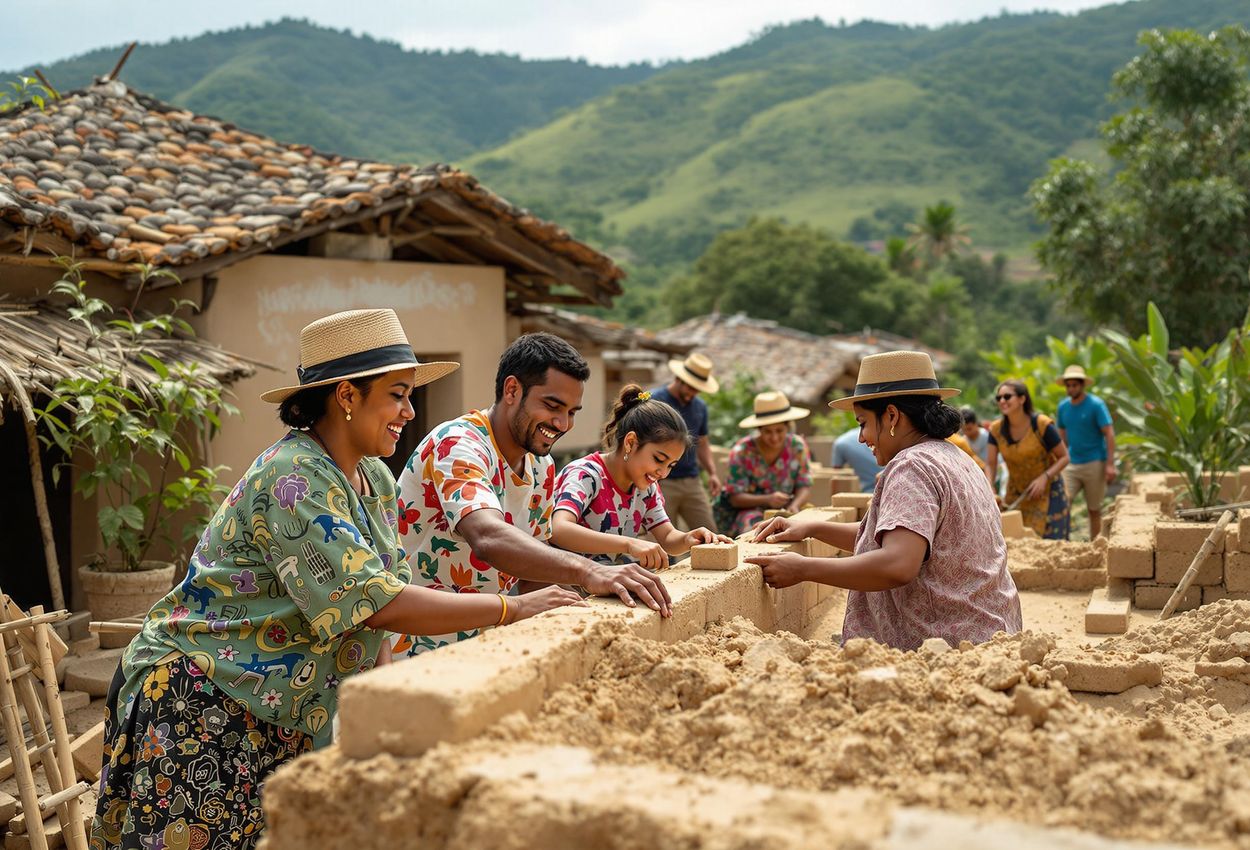 A heartwarming photograph capturing a group of volunteers working alongside local families in Guatemala to build new homes, showcasing the impact of multicultural engagement and community spirit.