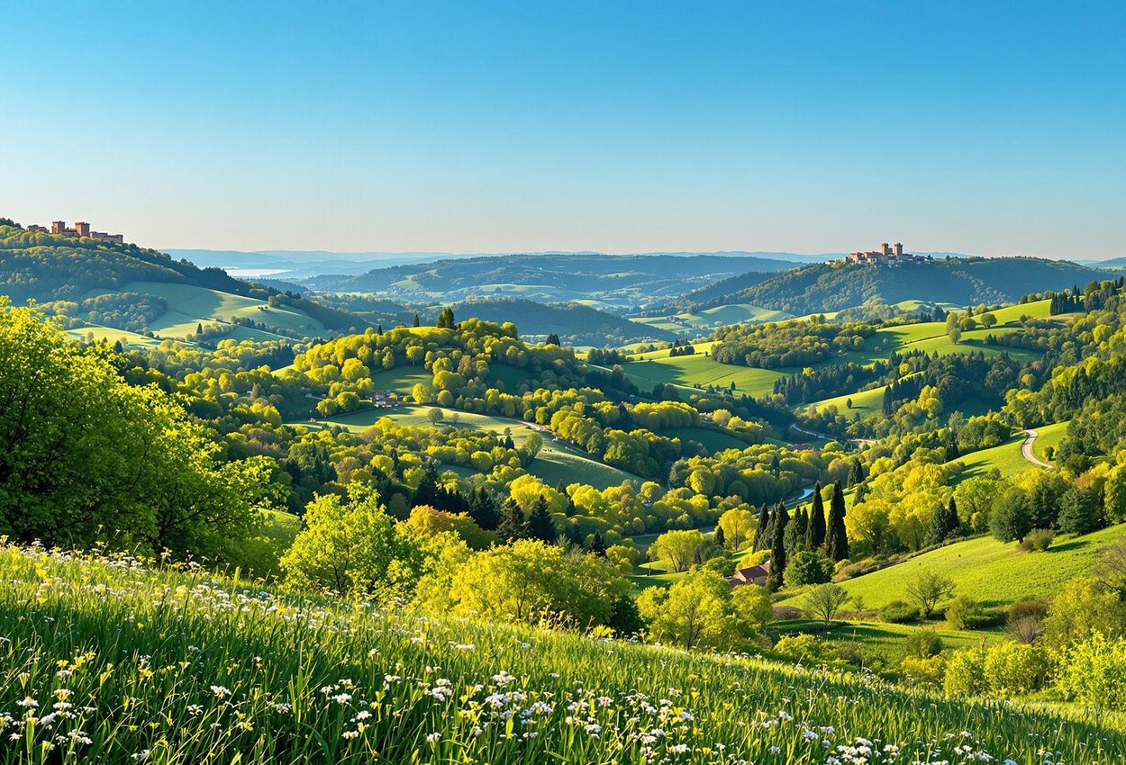 A scenic photograph of the Casentino Valley in Tuscany, featuring the medieval village of Poppi, the Franciscan Sanctuary of La Verna, and rolling hills under a clear blue sky.