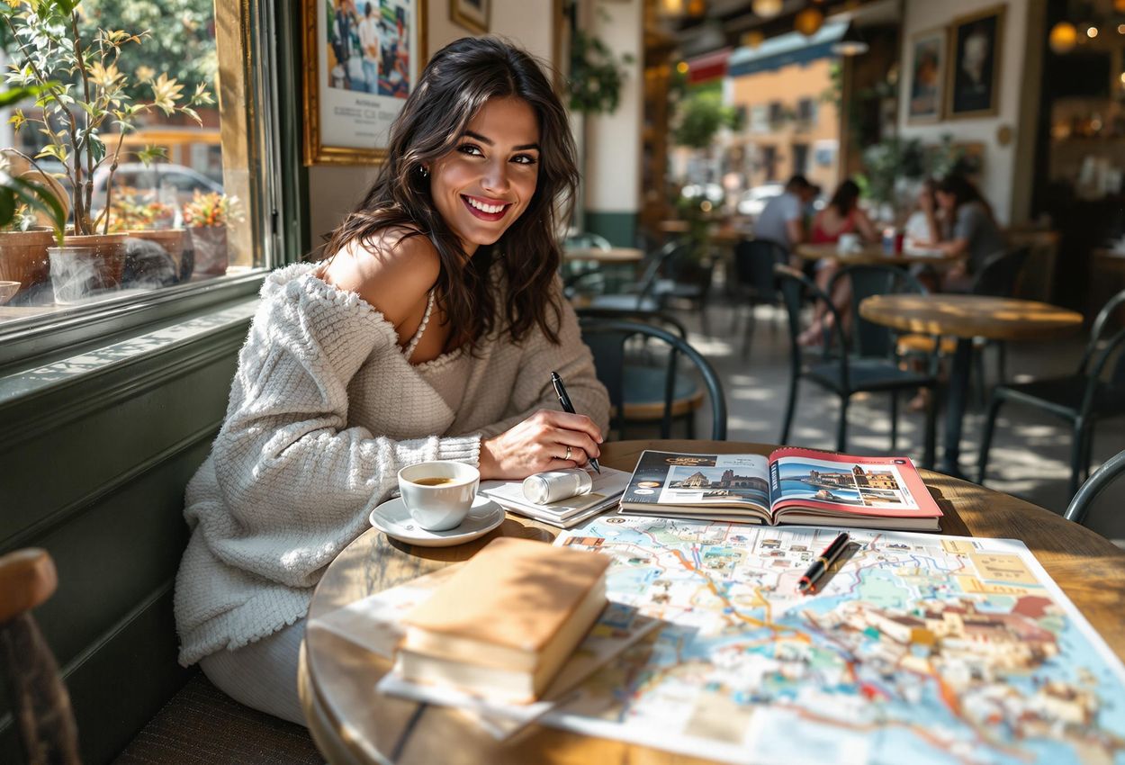 A person sits in a charming Roman cafe, surrounded by guidebooks and maps, excitedly planning their upcoming vacation.