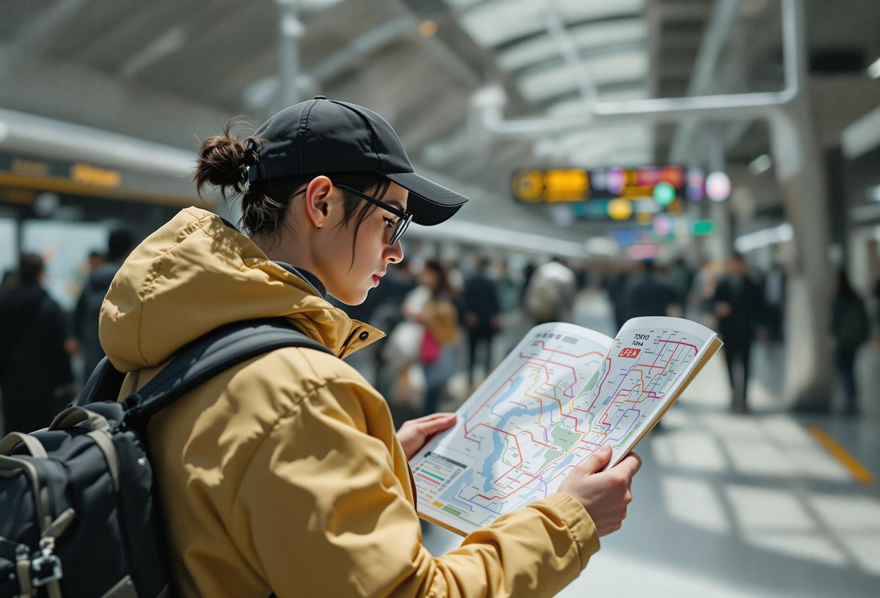 A candid photograph capturing a traveler deciphering the Tokyo subway map, showcasing the challenge and adventure of navigating Japan
