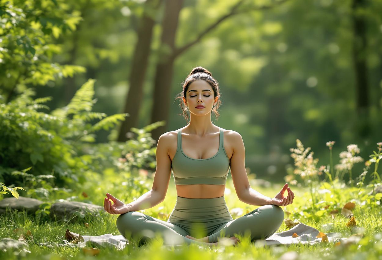 Woman Practicing Yoga in Lush Green Park, Morning Sunlight A photograph of a woman in a meditative yoga pose in a tranquil park setting, bathed in soft morning light. The scene evokes a sense of calm and connection with nature.