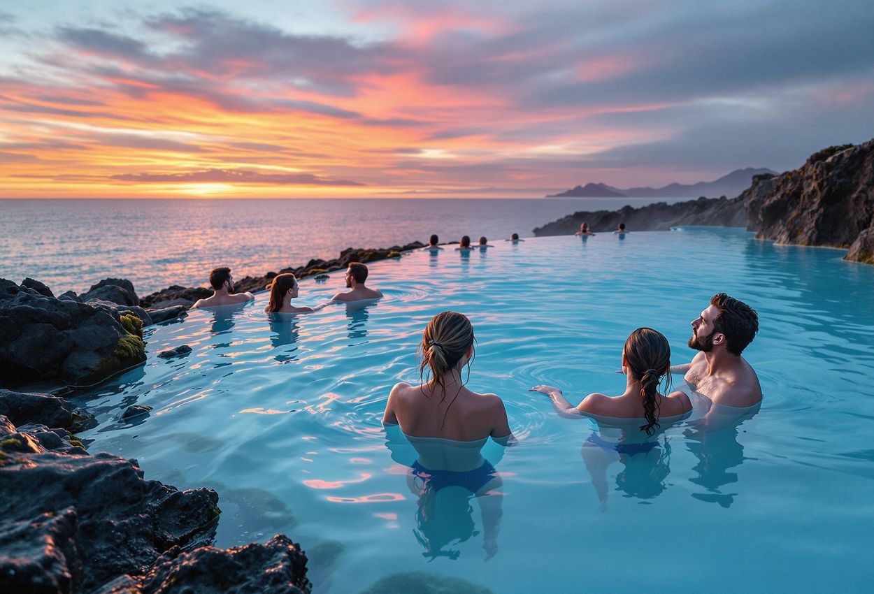 A photograph capturing the serene beauty of Sky Lagoon in Iceland at sunset, with people relaxing in the infinity pool overlooking the ocean.
