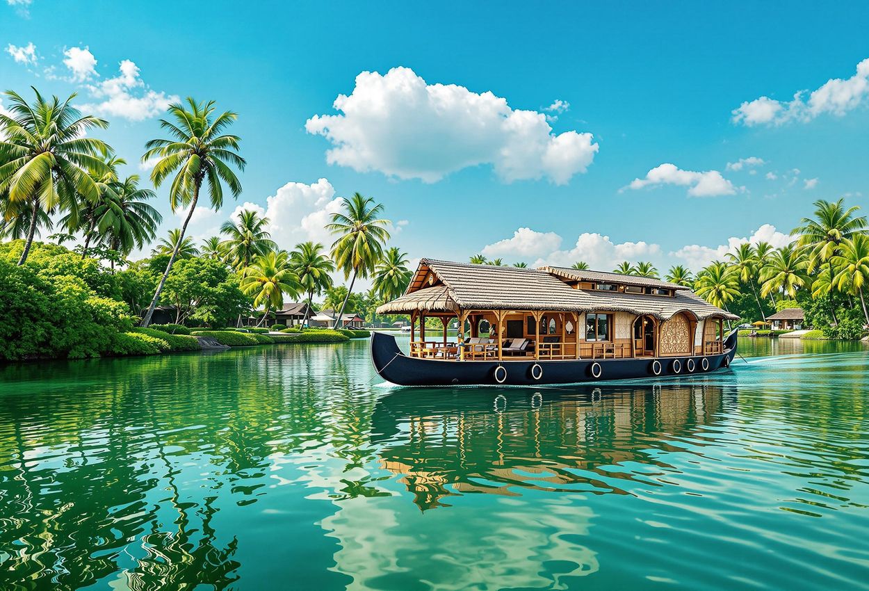 A wide, scenic photograph of a traditional Kerala houseboat sailing through the serene backwaters of Alleppey, surrounded by lush greenery and clear blue skies.