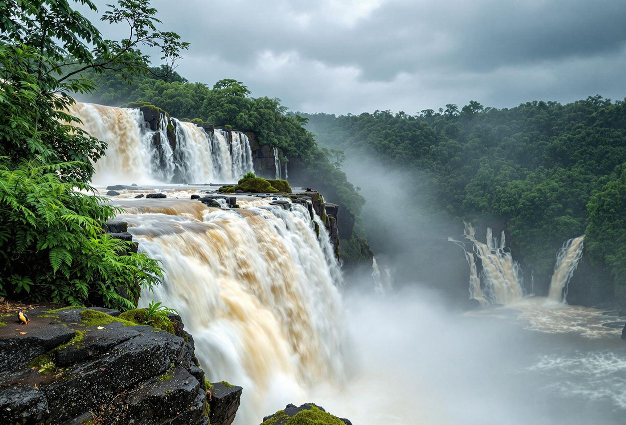 A dramatic photograph of Athirappilly Falls in Kerala during the monsoon season. The image captures the power of the cascading water, the lush green forest, and the mystical atmosphere created by the mist.