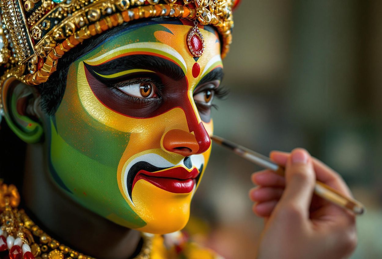 A close-up photograph capturing the artistry and dedication behind a Kathakali performance in Kochi, showcasing the elaborate makeup session and intense focus of the performer.