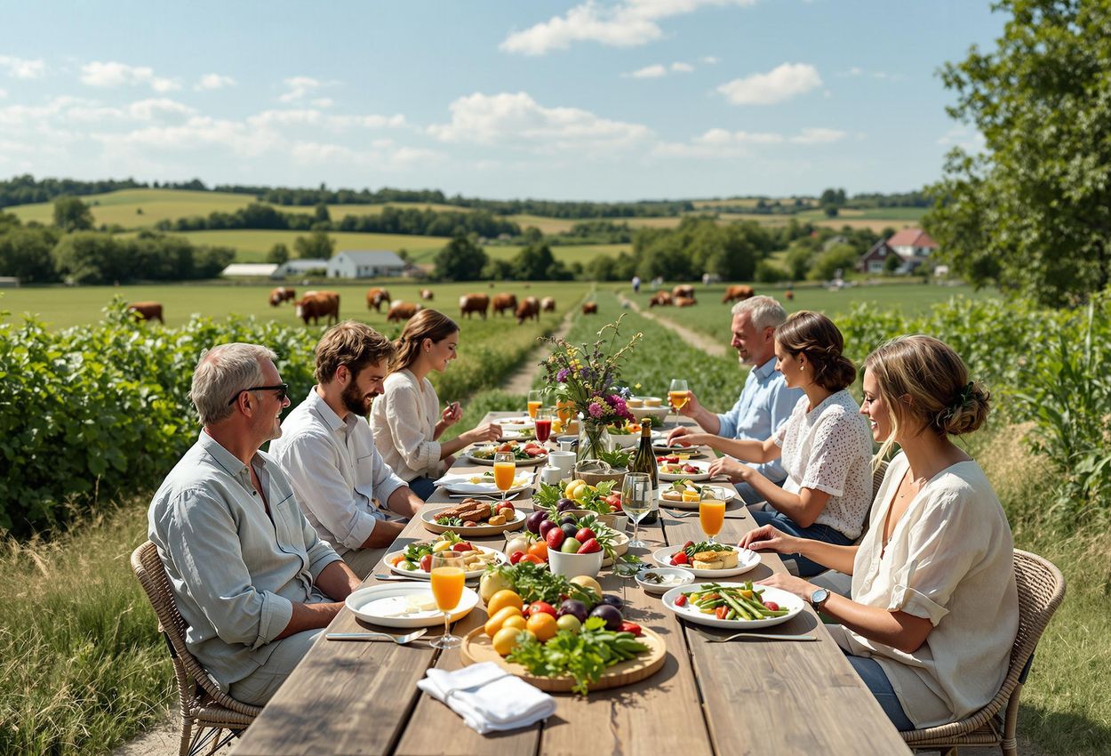 A scenic photograph capturing a delightful farm-to-table dining experience on Samsø, Denmark, showcasing fresh, local cuisine and a convivial atmosphere in a lush, sustainable setting.