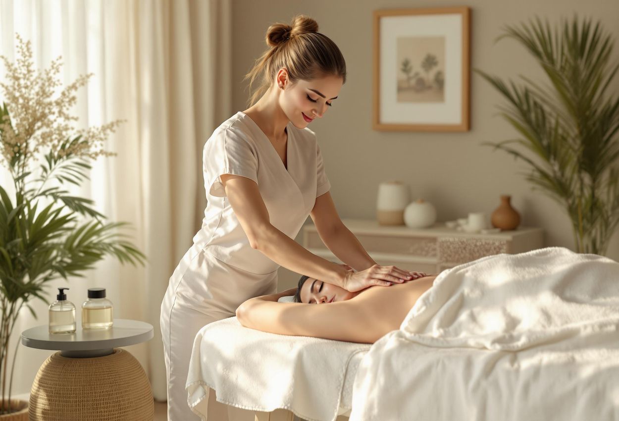A serene photograph capturing a rejuvenating massage session in a peaceful treatment room at the Wanderlust Healing Sanctuary. Soft light and calming decor create an atmosphere of tranquility and well-being.