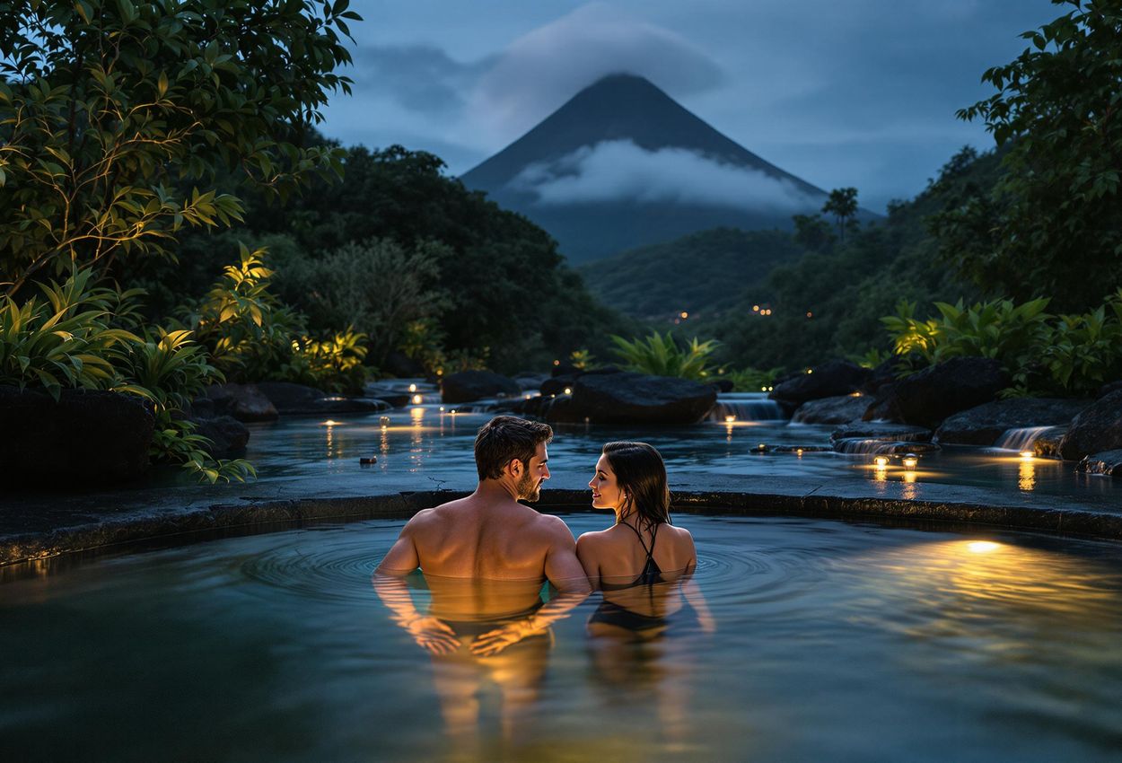 Couple Relaxing in Tabacon Hot Springs at Night, Arenal Volcano View A serene photograph of a couple enjoying the warm waters of Tabacon hot springs in Costa Rica, with the majestic Arenal Volcano in the background.