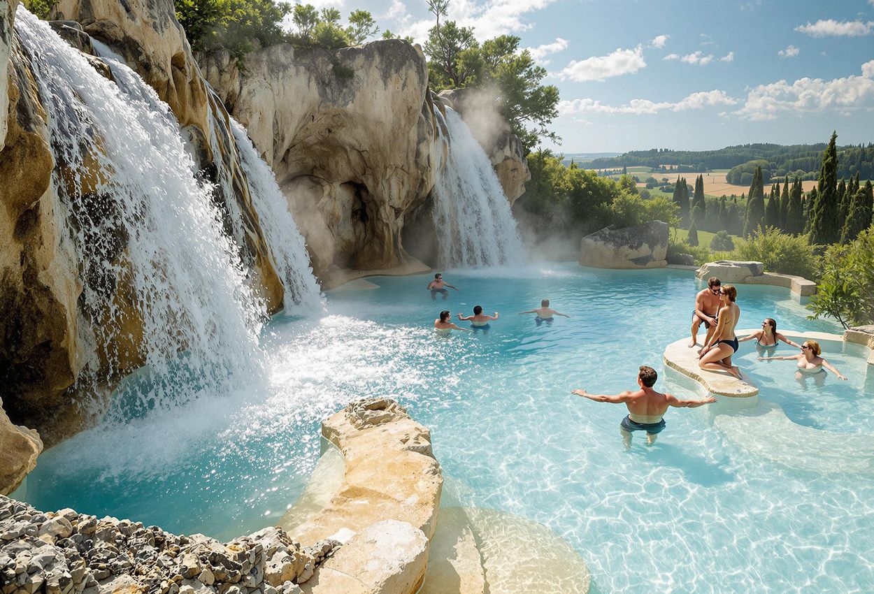 A scenic view of Cascate del Mulino in Tuscany, featuring cascading waterfalls, natural pools, and the surrounding landscape.