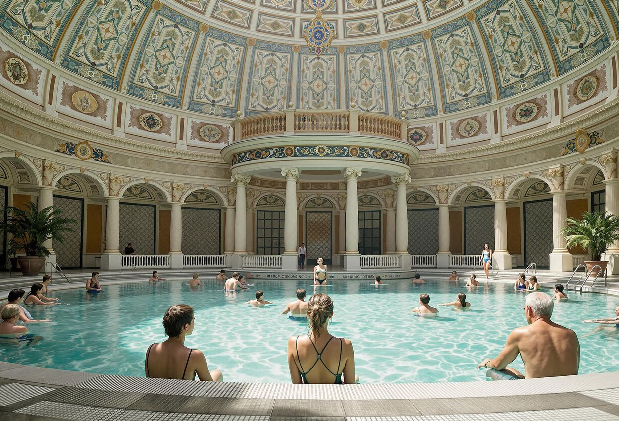 A medium shot captures the elegance of the Friedrichsbad in Baden-Baden, Germany, with people enjoying the historic bathing facilities under soft, diffused light.