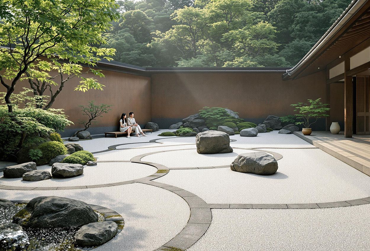 A tranquil photograph of the Zen garden at Ryoan-ji Temple in Kyoto, Japan, featuring meticulously raked gravel, carefully arranged rocks, and seated visitors in soft morning light.