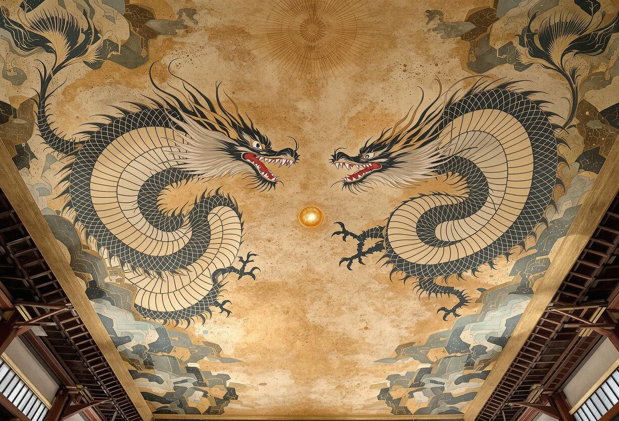 A stunning photograph capturing the intricate details and vibrant colors of the Twin Dragons ceiling painting at Kennin-ji Temple in Kyoto, Japan.