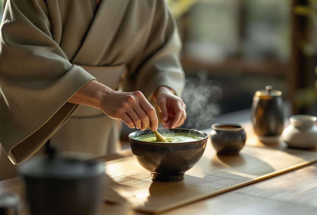 A detailed photograph capturing the tranquility and spiritual essence of a traditional Chanoyu tea ceremony at Camellia Tea House in Kyoto, Japan.