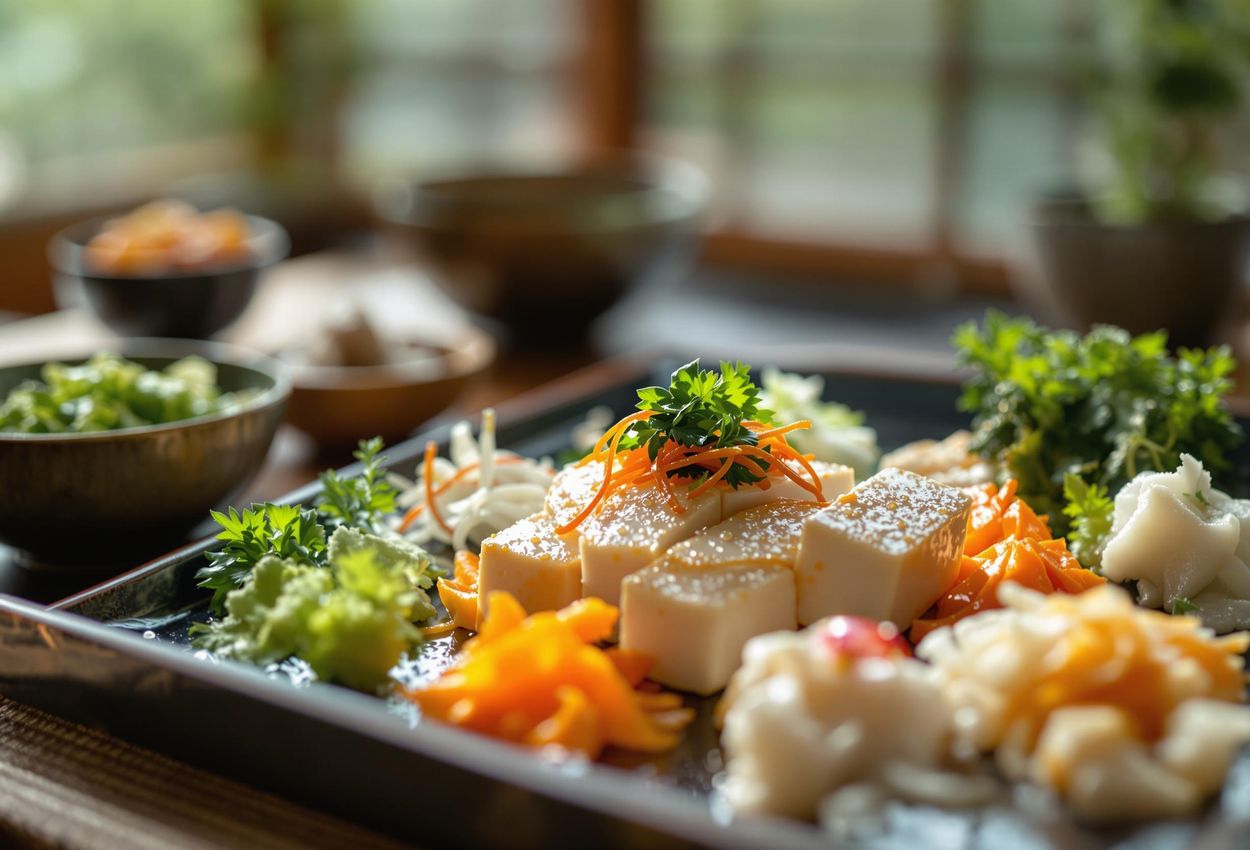 A detailed photograph showcases a traditional Shojin Ryori meal at Shigetsu restaurant in Kyoto