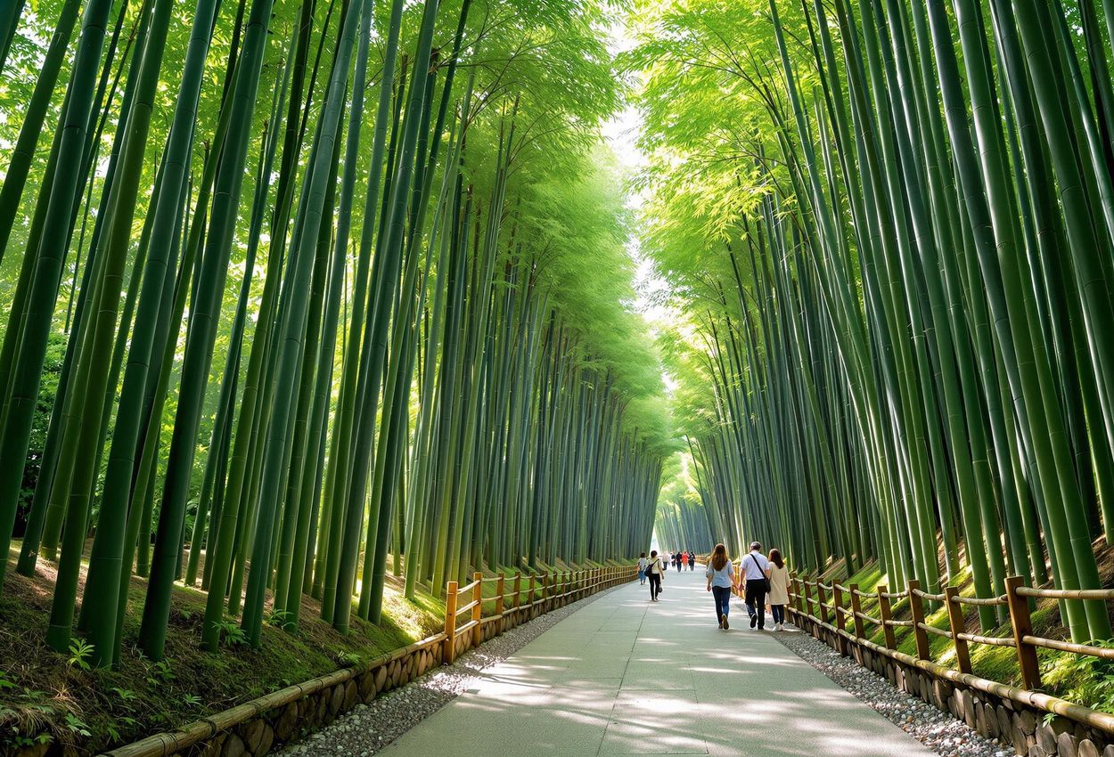 A tranquil photograph of the Arashiyama Bamboo Grove in Kyoto, Japan. Towering bamboo stalks create a peaceful path with dappled sunlight.