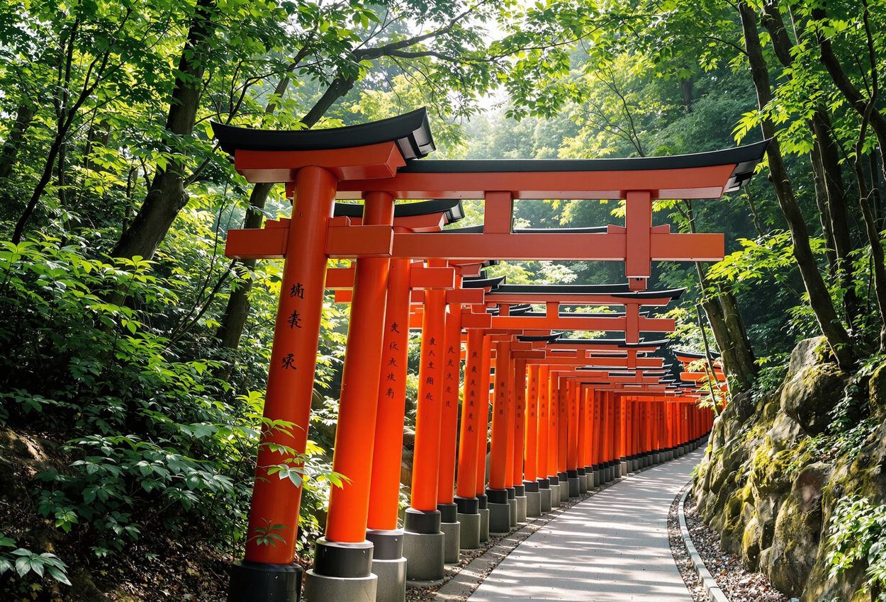 Explore the mesmerizing beauty of Fushimi Inari Shrine in Kyoto, Japan. This image captures the iconic vermilion torii gates winding up the mountainside, creating a tunnel of vibrant color and spiritual wonder.