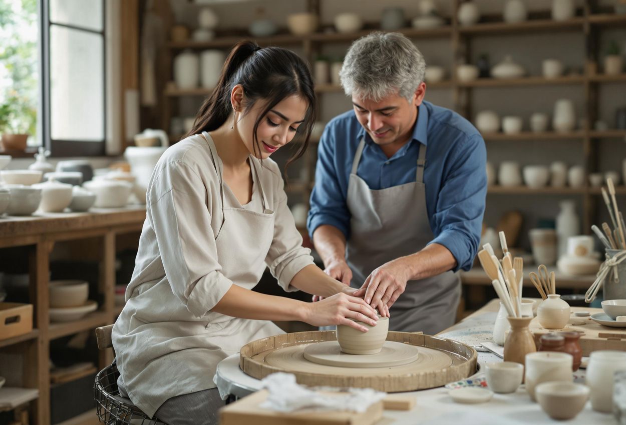 A captivating photograph capturing a pottery workshop in Kyoto, where a participant is shaping clay with the guidance of a skilled artisan. The scene is filled with creativity and the essence of Japanese craftsmanship.