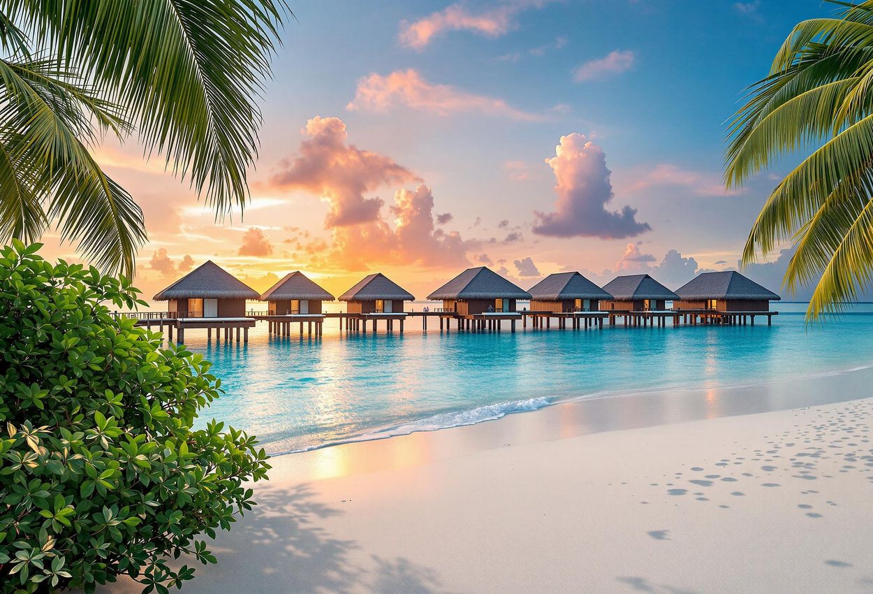 A serene landscape photograph of overwater bungalows at Gili Lankanfushi in the Maldives during a vibrant sunset, showcasing crystal-clear water and lush tropical vegetation.