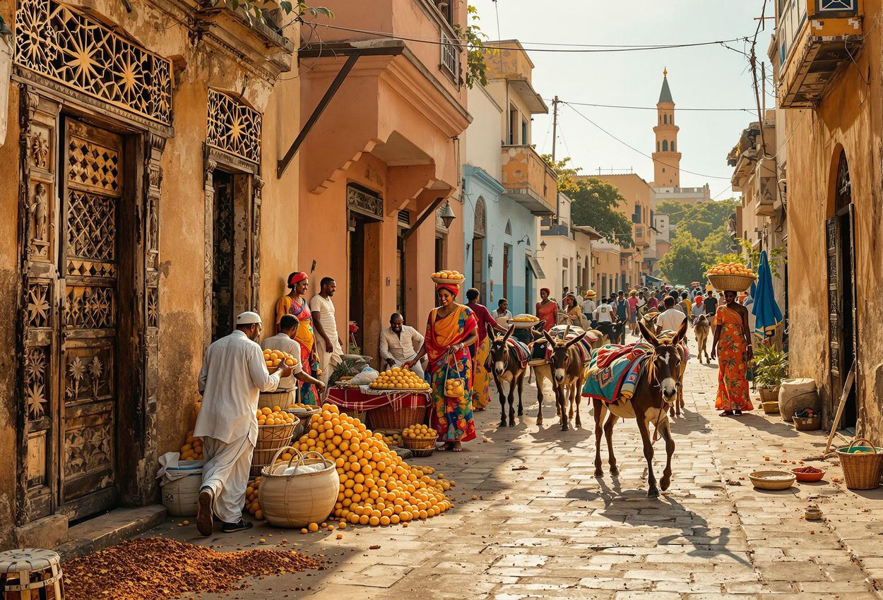A captivating photograph capturing the daily life and rich Swahili culture in Lamu Town, Kenya, showcasing the intricate architecture and colorful local traditions.