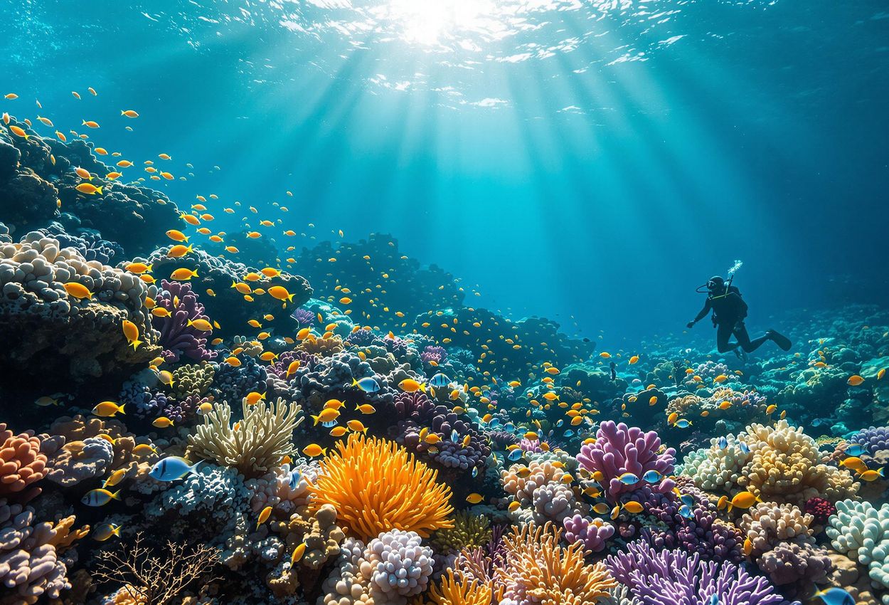 An underwater photograph capturing the stunning biodiversity of Palau National Marine Sanctuary, showcasing a vibrant coral reef teeming with colorful fish and a scuba diver exploring the depths.