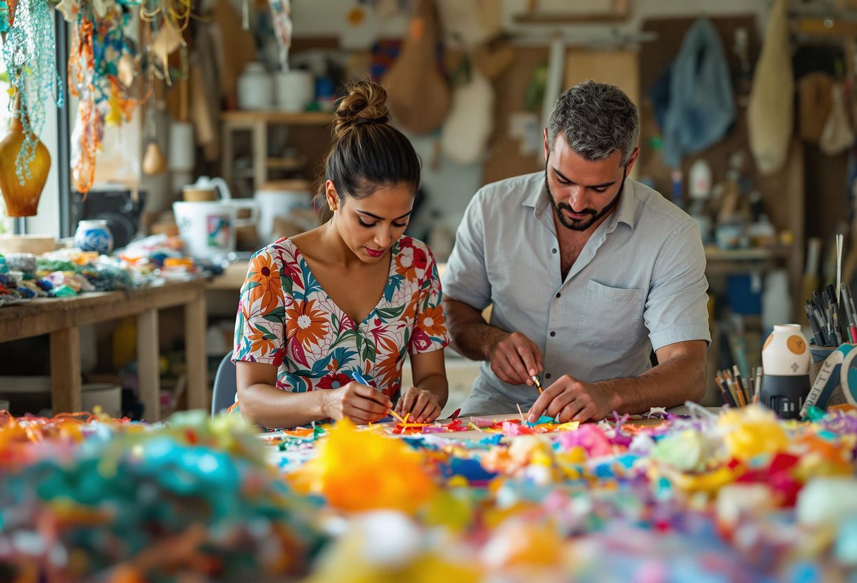 A photograph capturing artists at Soneva Fushi in the Maldives creatively transforming waste materials into beautiful art pieces, showcasing ingenuity and environmental responsibility.