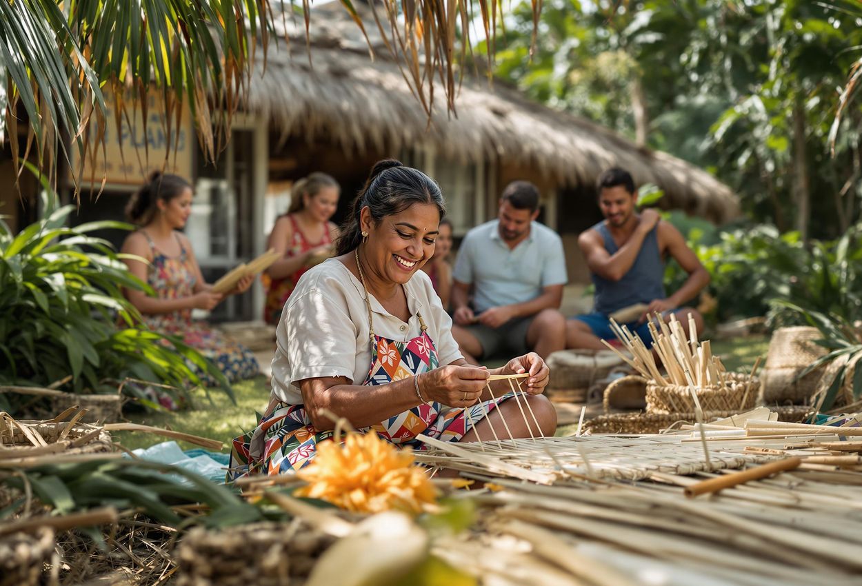 A candid photograph capturing a Palauan woman teaching tourists how to weave traditional baskets in a local village. The image showcases the beauty of community-based tourism and cultural exchange in Palau.