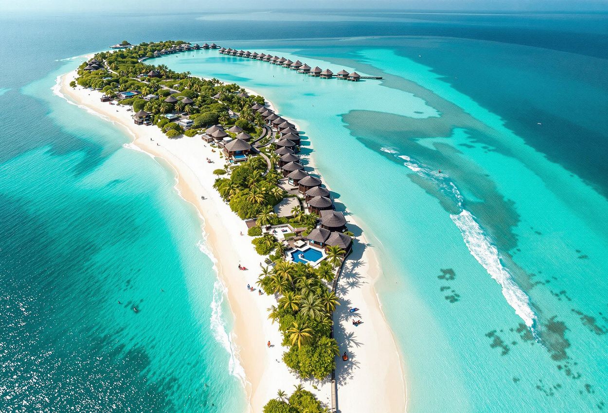 An aerial photograph showcases the Six Senses Laamu resort in the Maldives, highlighting its secluded location, pristine beaches, turquoise waters, and sustainable design.
