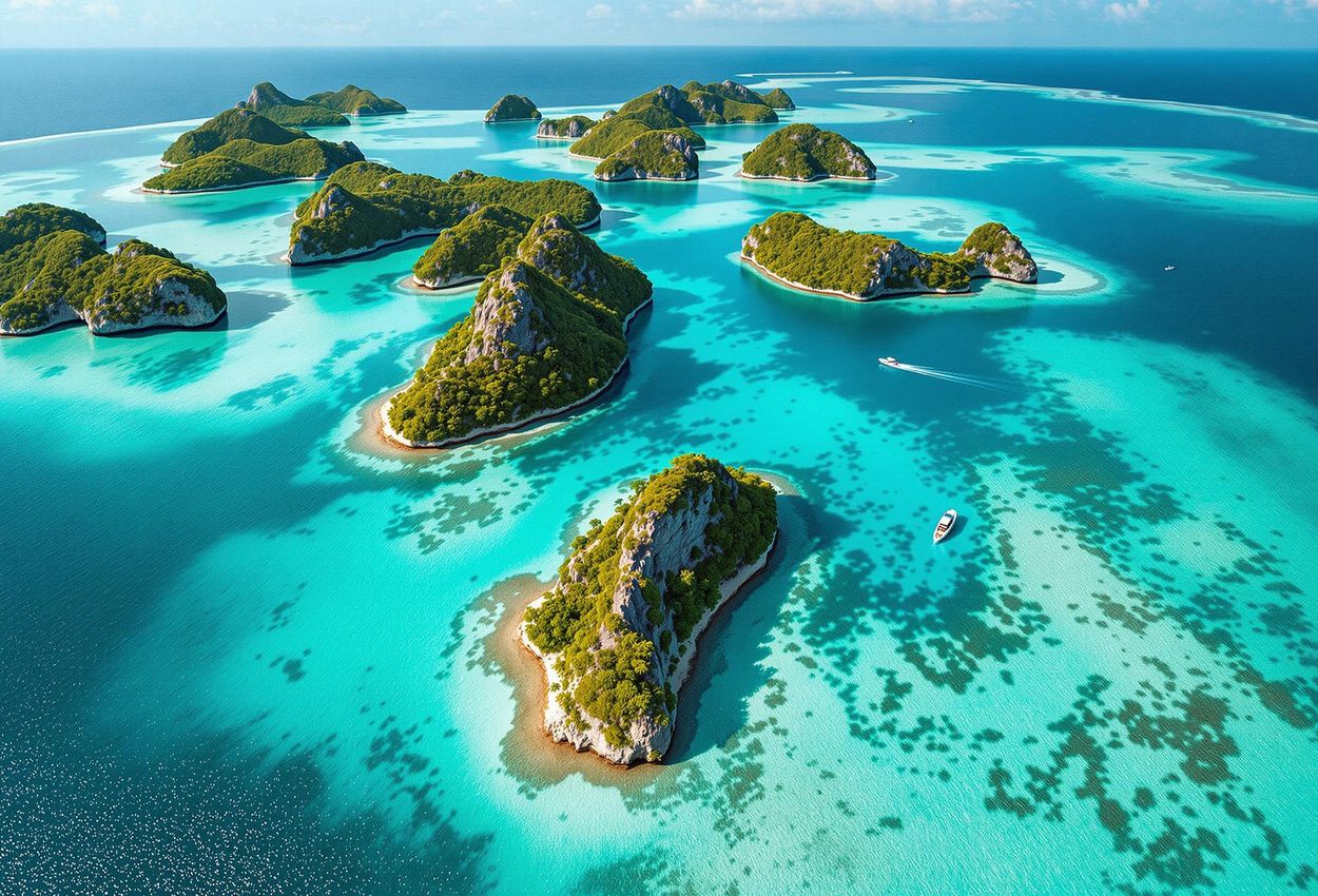 An aerial photograph showcases the stunning Rock Islands Southern Lagoon in Palau, with turquoise waters, lush green islands, and vibrant coral reefs.