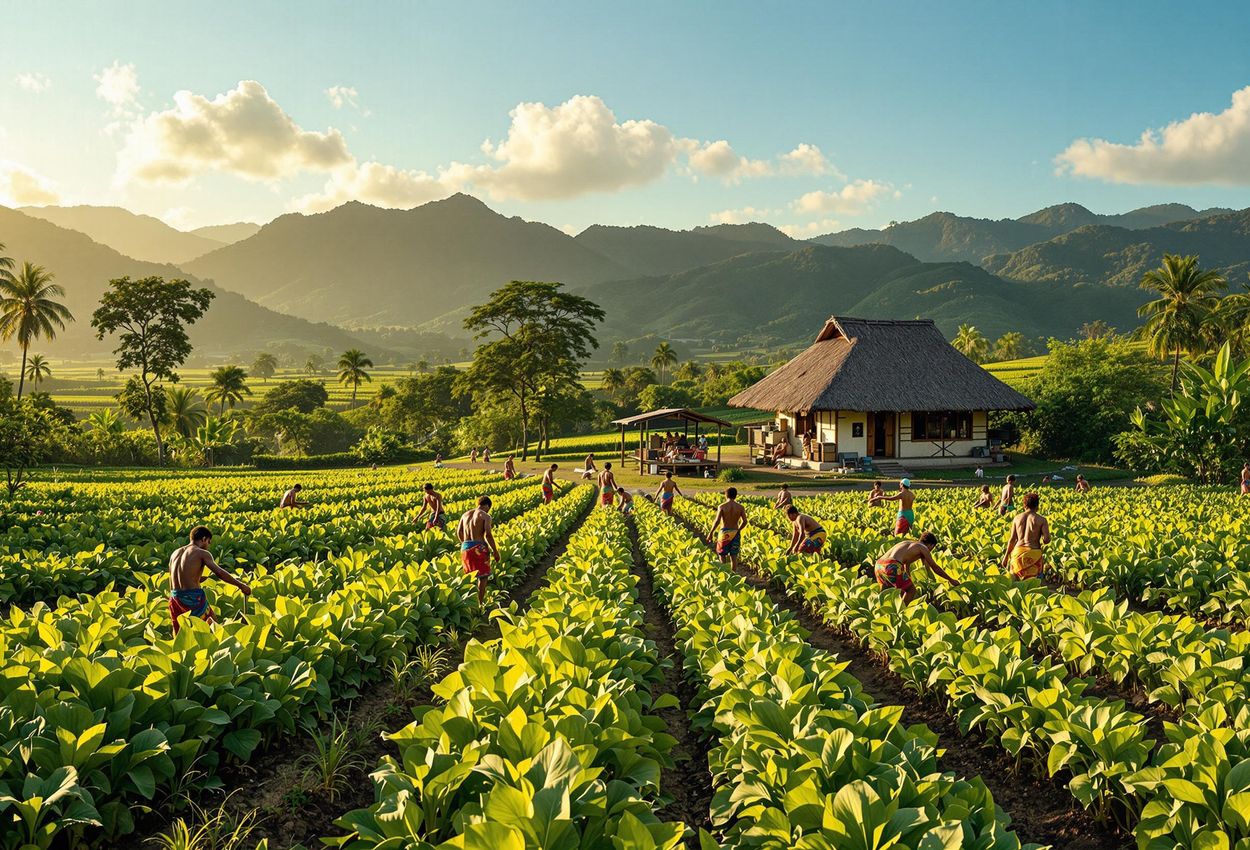 A scenic photograph capturing a local farm in Palau, showcasing sustainable agriculture practices with rows of crops, farmers at work, and a traditional Palauan house in the background, all bathed in warm, golden light.