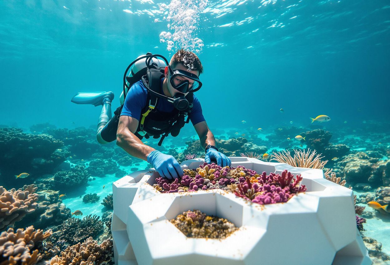 An underwater photograph of a diver planting coral fragments onto a coral frame in the Maldives, showcasing a coral restoration project. Vibrant coral reefs and marine life surround the scene, highlighting the beauty and importance of marine conservation.