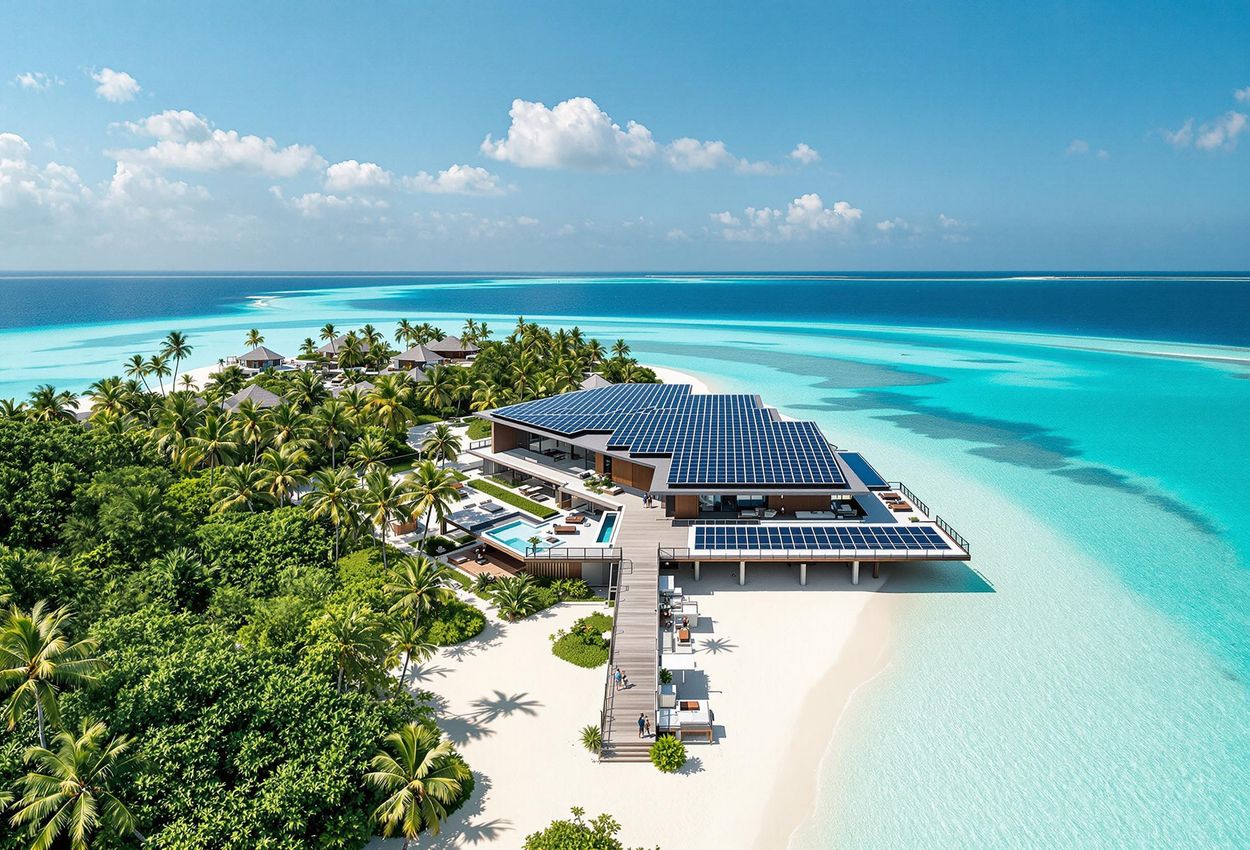 A photograph of Kudadoo Maldives Private Island showcasing its commitment to renewable energy with a stunning view of the solar panel-covered Retreat roof.