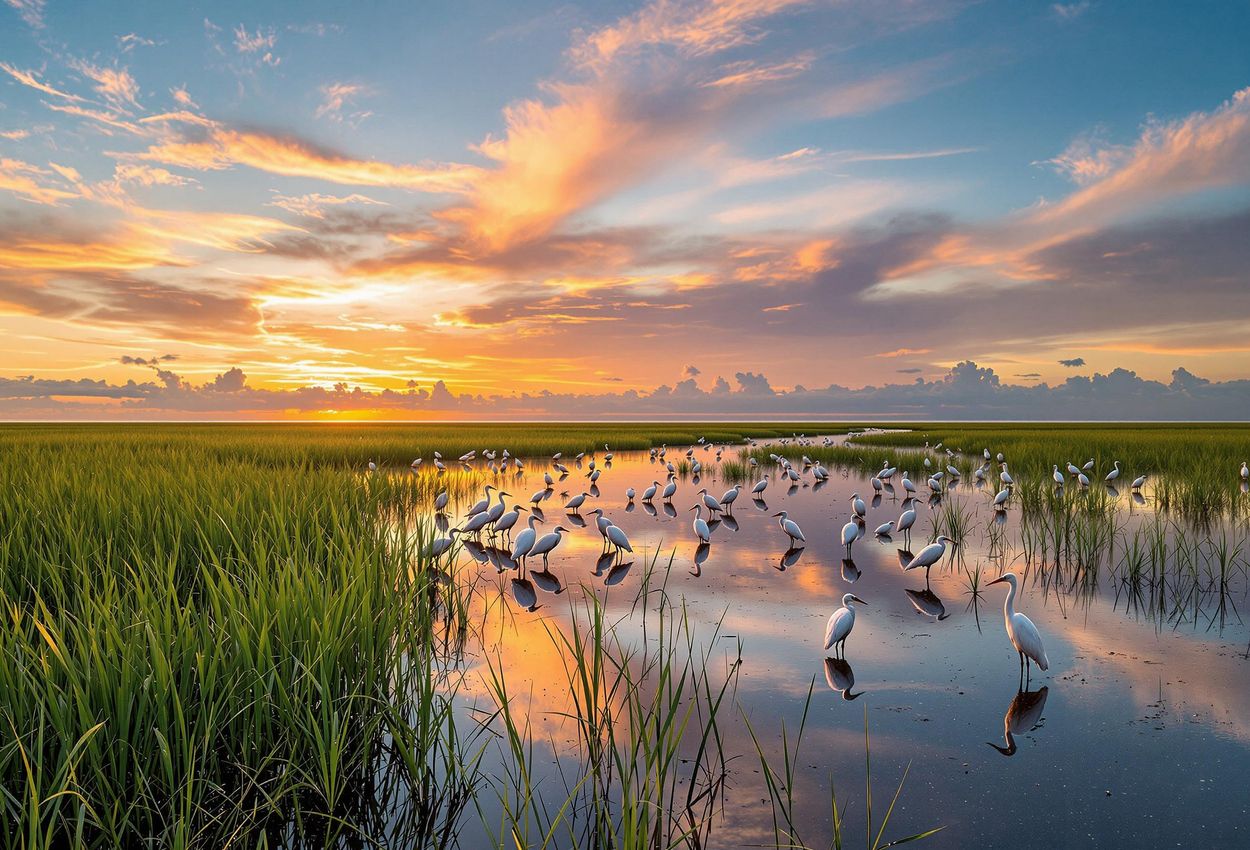 A stunning landscape photograph of Everglades National Park at sunset, showcasing the vast sawgrass prairie, wading birds, and a vibrant sky.
