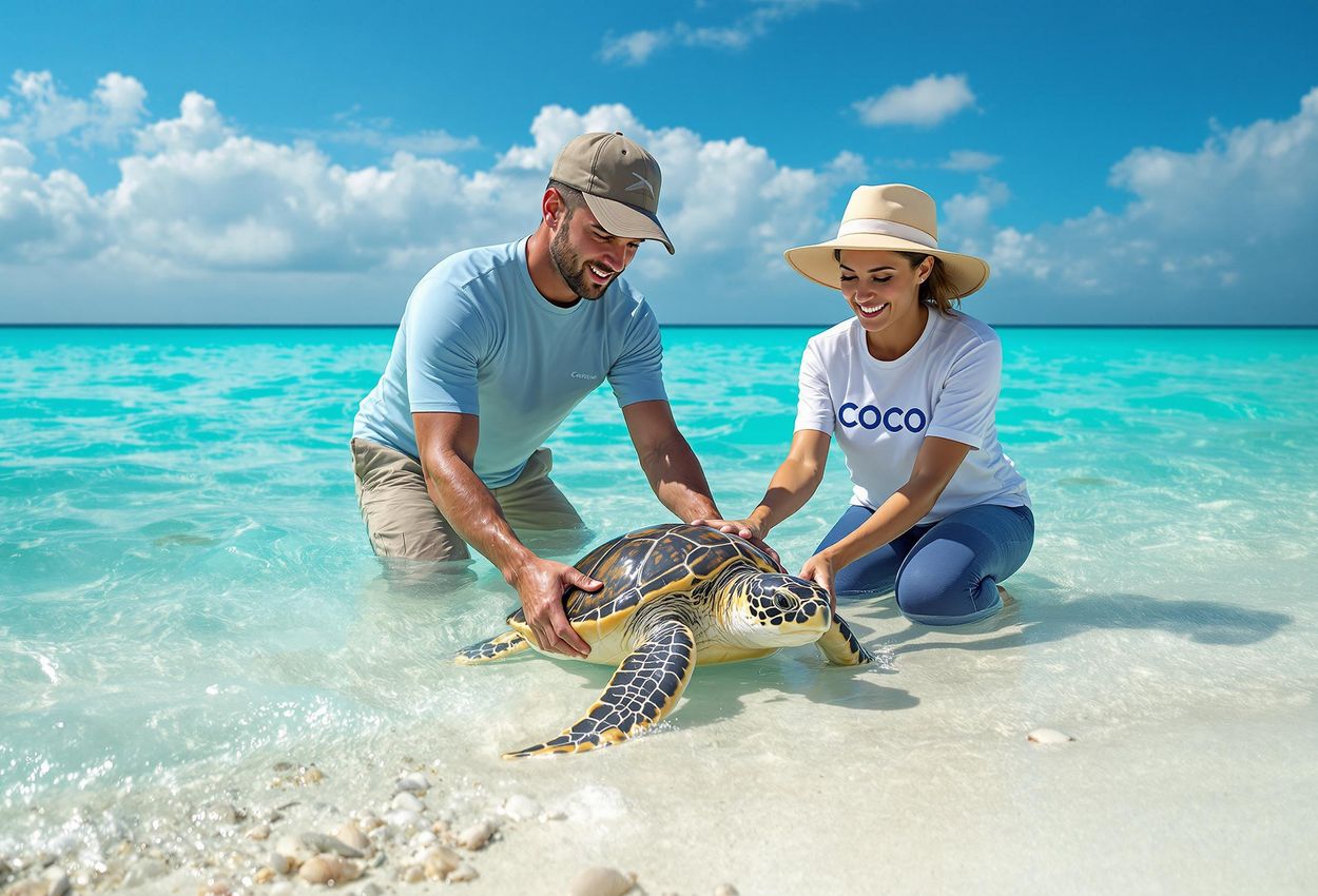 A photograph capturing the release of a rehabilitated green sea turtle back into the ocean at Coco Collection, Maldives, with marine biologists overseeing the successful return.