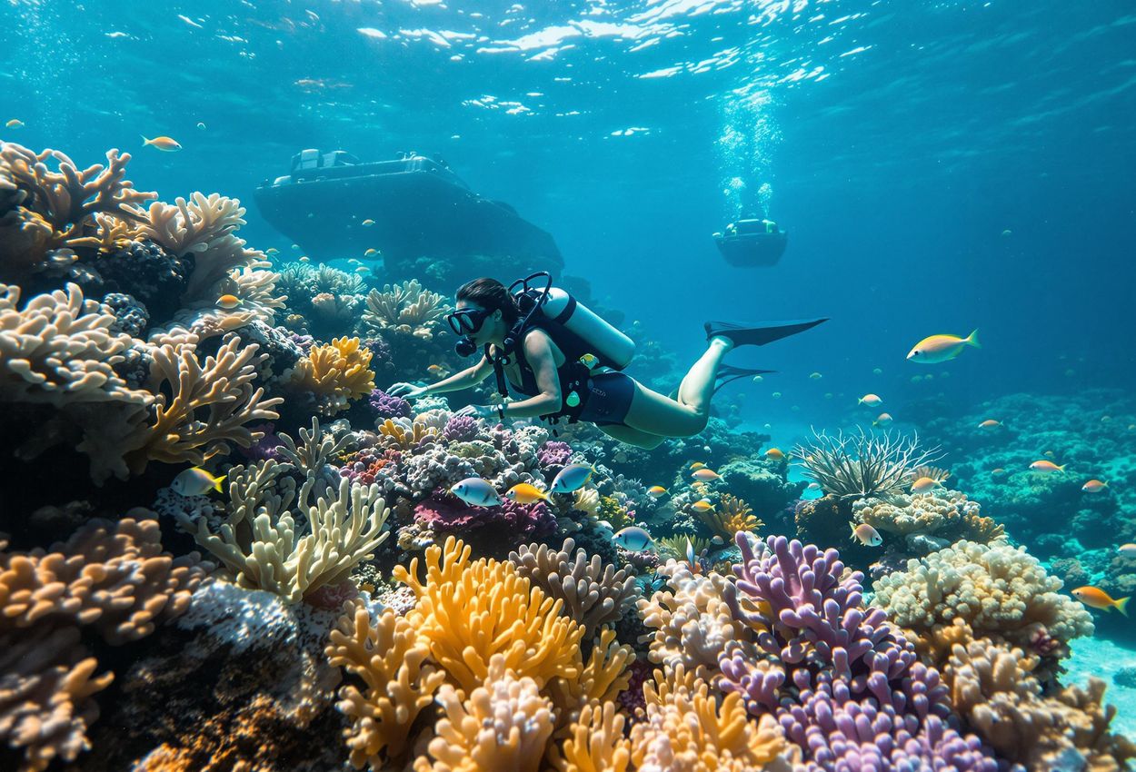 An underwater photograph of a diver exploring a colorful coral reef in Palau, showcasing sustainable tourism and marine conservation efforts.