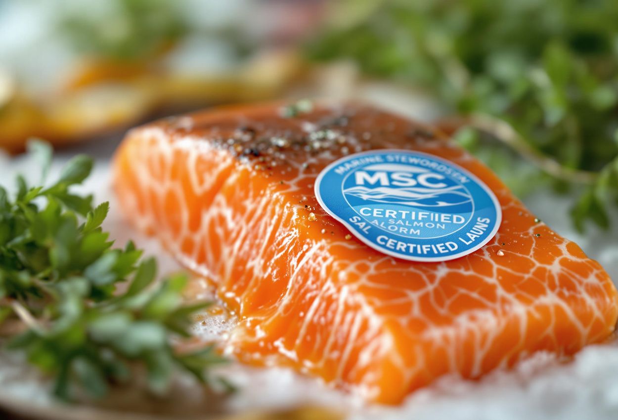 A detailed close-up photograph of a salmon fillet with a clearly visible Marine Stewardship Council (MSC) certification label, highlighting sustainable seafood choices.