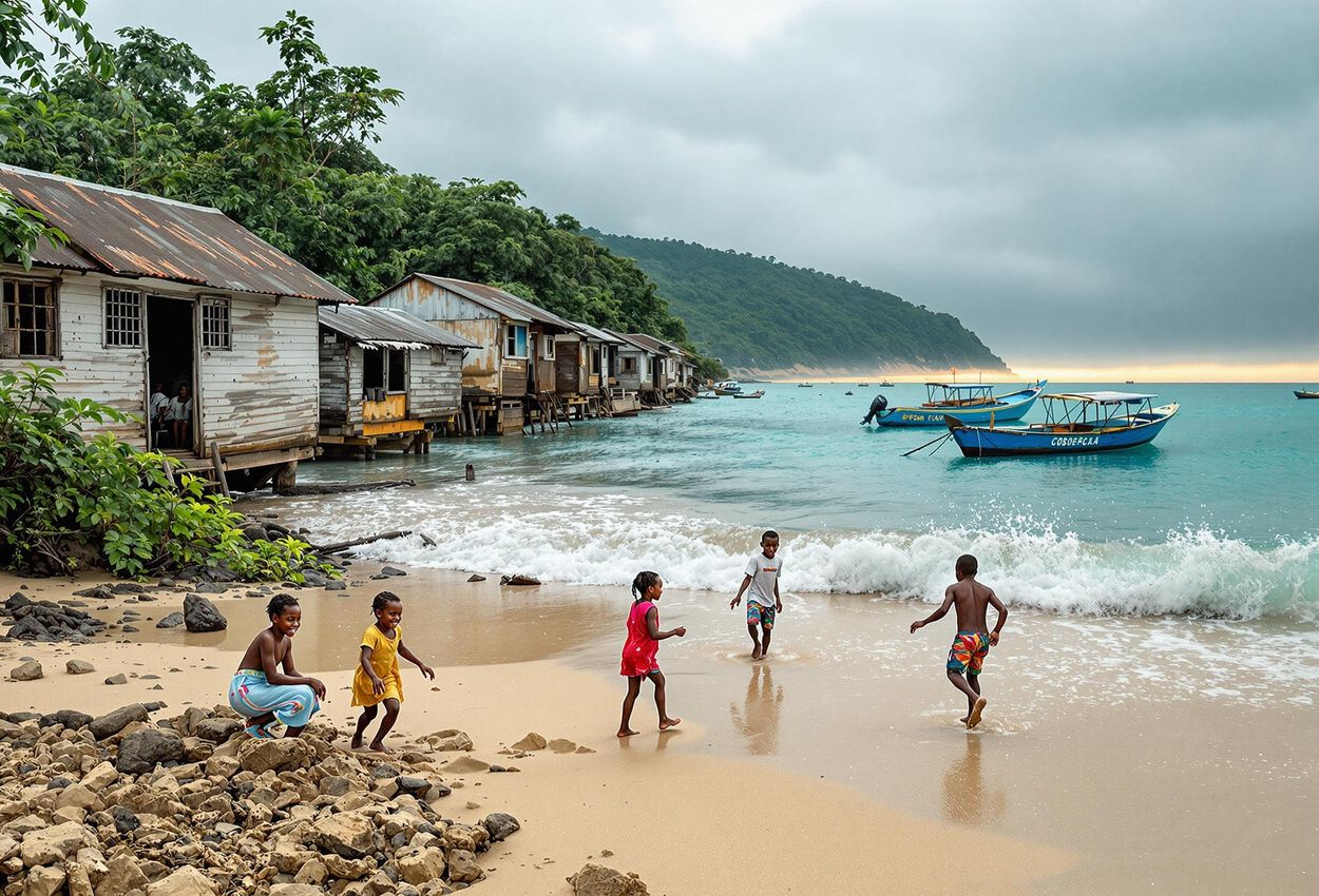 A panoramic photograph capturing the impact of coastal erosion on Plantain Island, Sierra Leone, showcasing the resilience of children playing amidst decaying homes and traditional fishing boats.