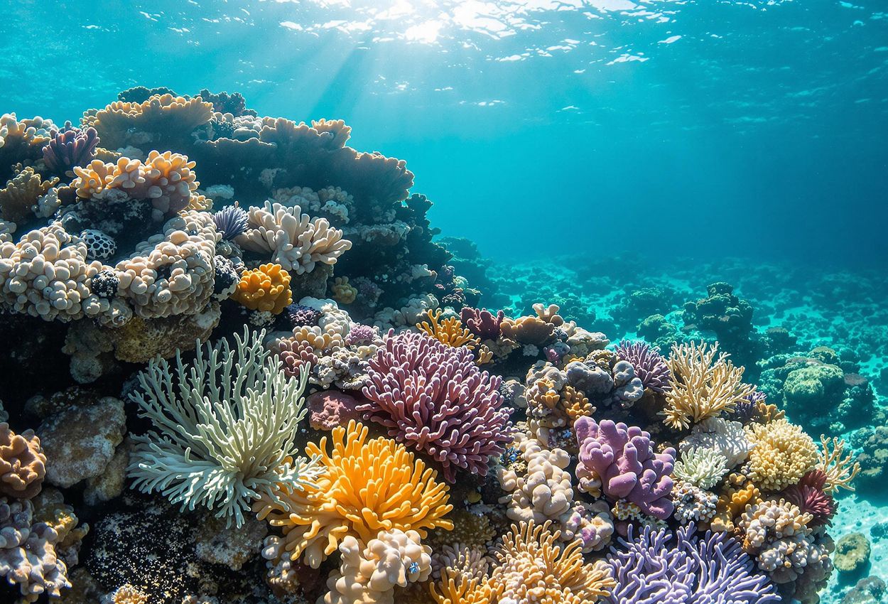 An underwater photograph showcasing the coral restoration project at the Four Seasons Resorts Maldives, highlighting vibrant coral fragments attached to frames, promoting marine conservation.